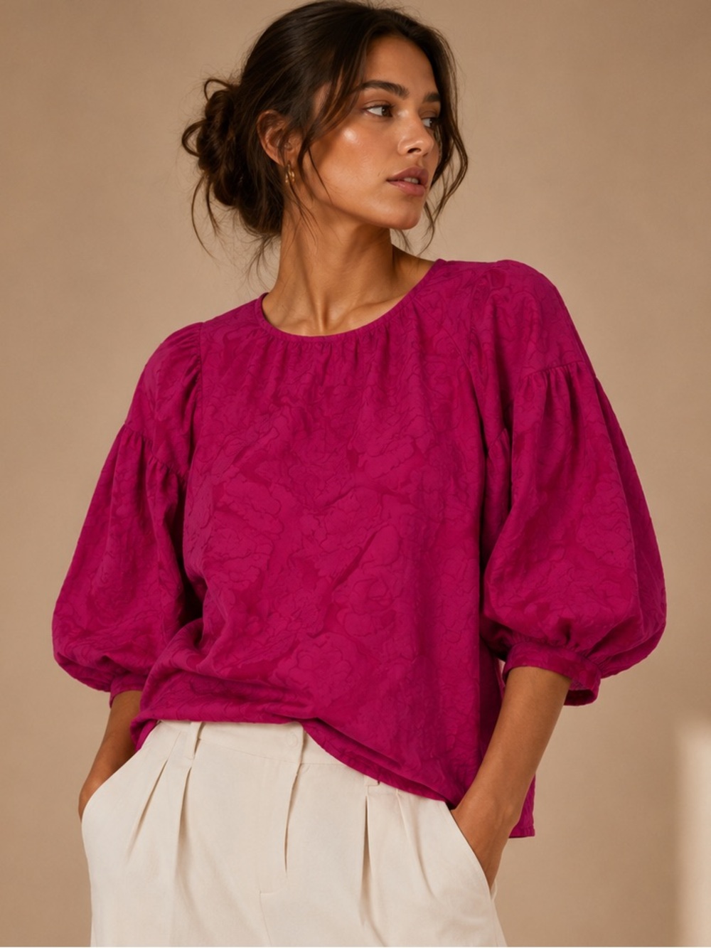 A New Day Berry Pink Jacquard Blouse XL Puff Sleeve Textured Statement Top